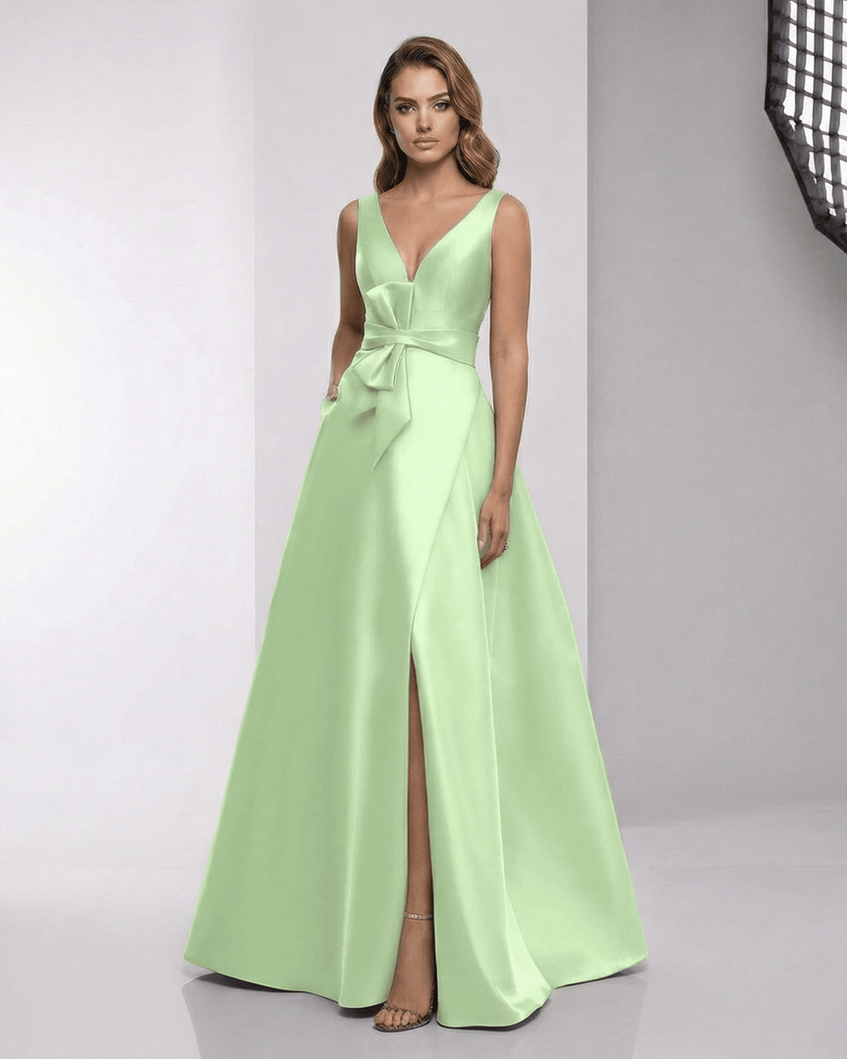 Calytrix Maxi Dress - Mint Green Satin A-Line Dress with Bow Detail and Slit from Lauven, Elegant and Modern.