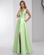 Calytrix Maxi Dress - Mint green satin A-line dress with wrap slit, bow detail, and elegant silhouette from Lauven.