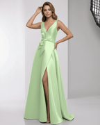 Calytrix Maxi Dress - Mint green satin A-line maxi dress with wrap slit and bow detail by Lauven.