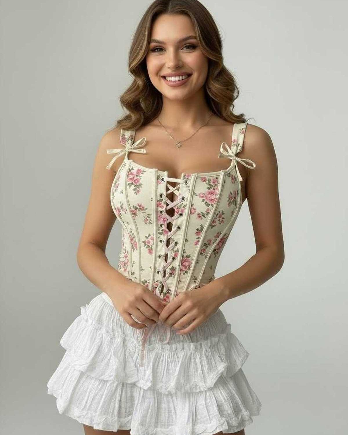 Camellia Corset Top by Lauven, featuring a floral lace-up design and structured fit.