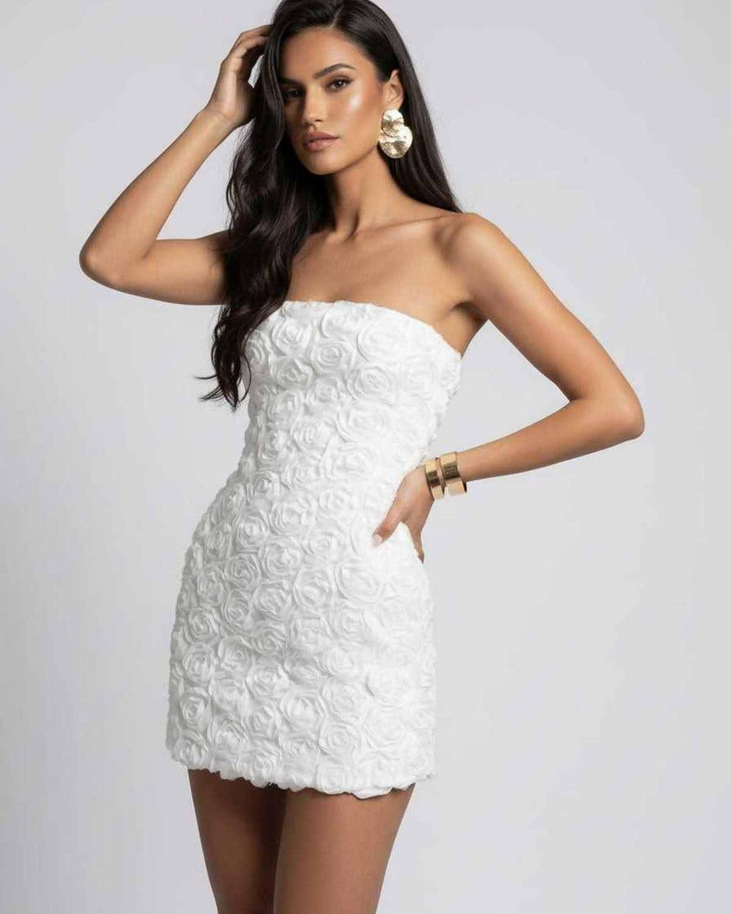 Camellia Mini Dress - Strapless floral texture white mini dress by Lauven for elegant occasions.