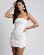 Camellia Mini Dress - Strapless floral texture white mini dress by Lauven for elegant occasions.
