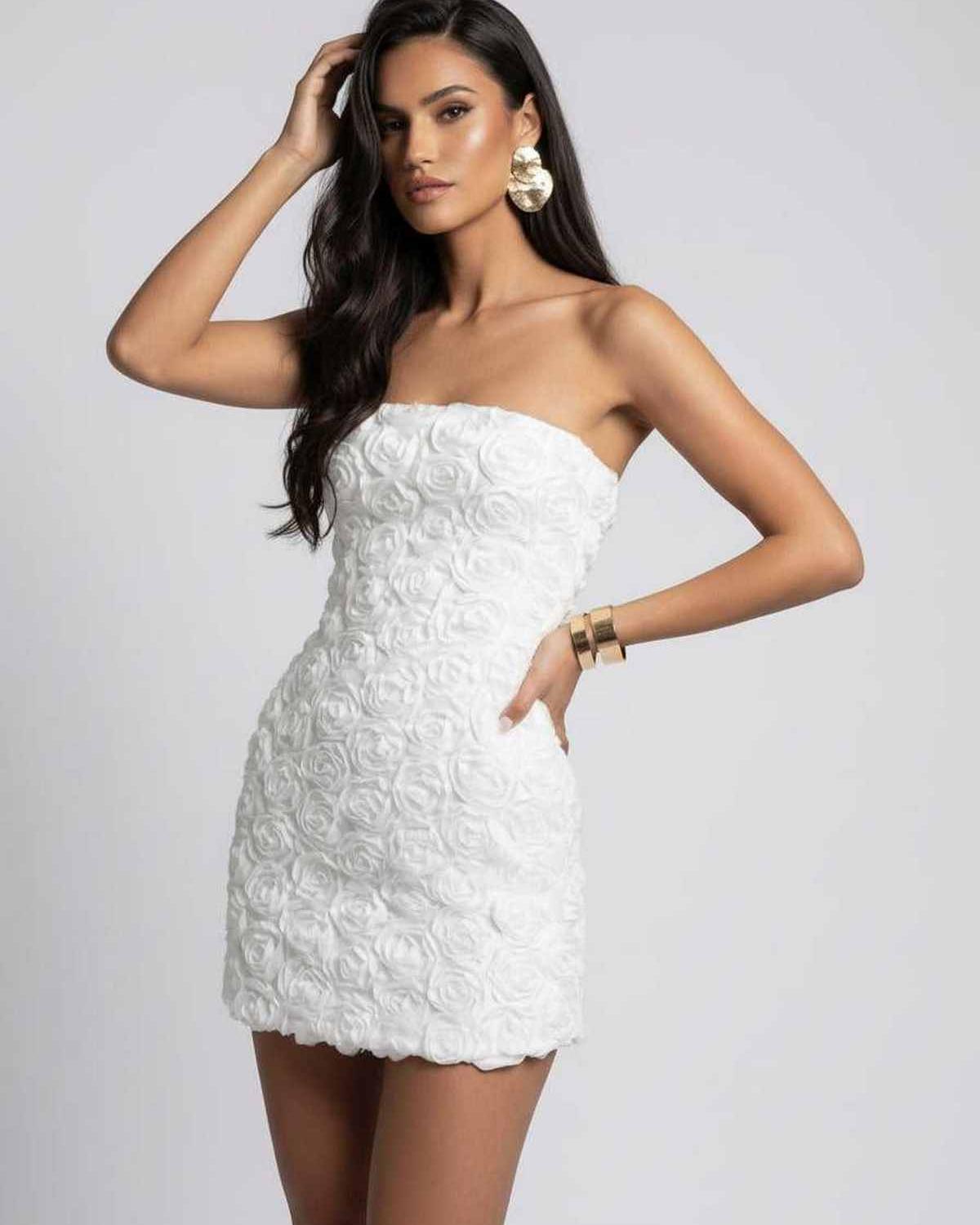 Camellia Mini Dress - Strapless floral texture white mini dress by Lauven for elegant occasions.