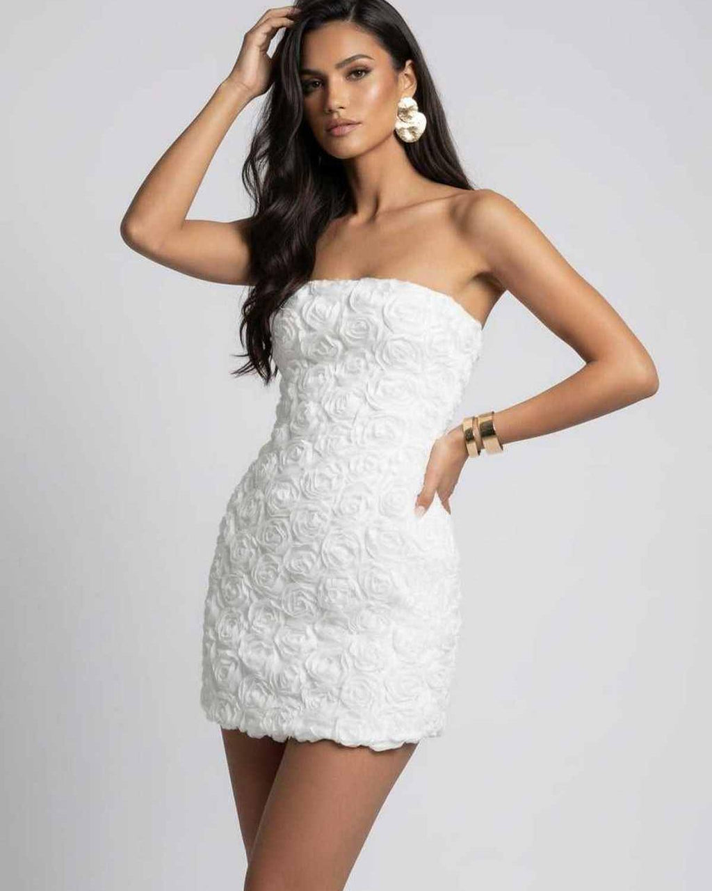 Elegant Camellia Mini Dress with floral texture, strapless design by Lauven, perfect for elevated occasions.