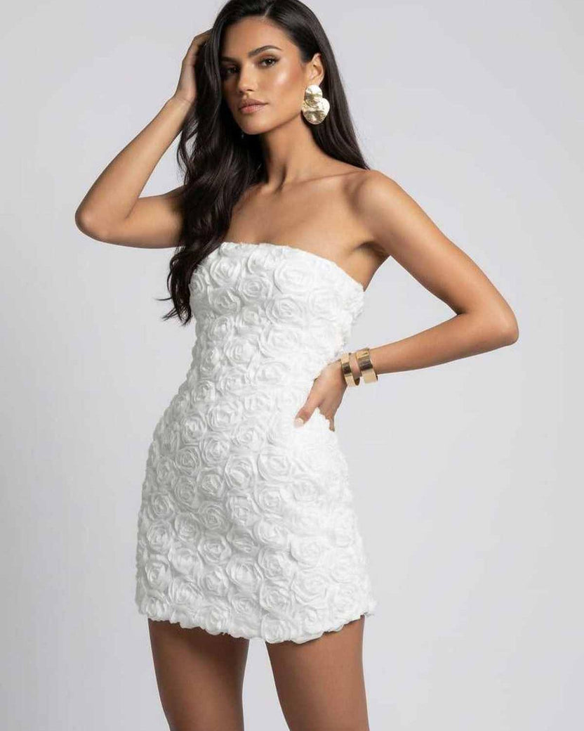 Camellia Mini Dress - Strapless floral texture white mini dress by Lauven, featuring elegant appliqué and tailored fit.