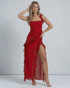 Carmine Maxi Dress by Lauven, sophisticated red sheer ruffle maxi dress with delicate straps and asymmetric hem.