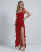 Lauven Carmine Maxi Dress, red sheer ruffle maxi dress with asymmetric hemline and delicate shoulder straps.