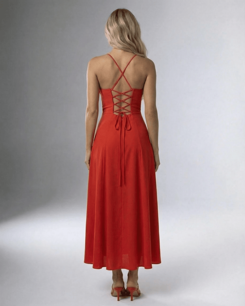 Back view of the Lauven Carmine Midi Dress with lace-up detailing and a flowing skirt, perfect for elegant occasions.