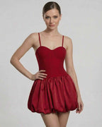 Carmine Mini Dress by Lauven featuring a structured bodice and puff skirt silhouette in deep red.