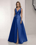 Caspia Maxi Dress - Blue satin A-line with wrap slit and bow waist for an elegant, modern look by Lauven.
