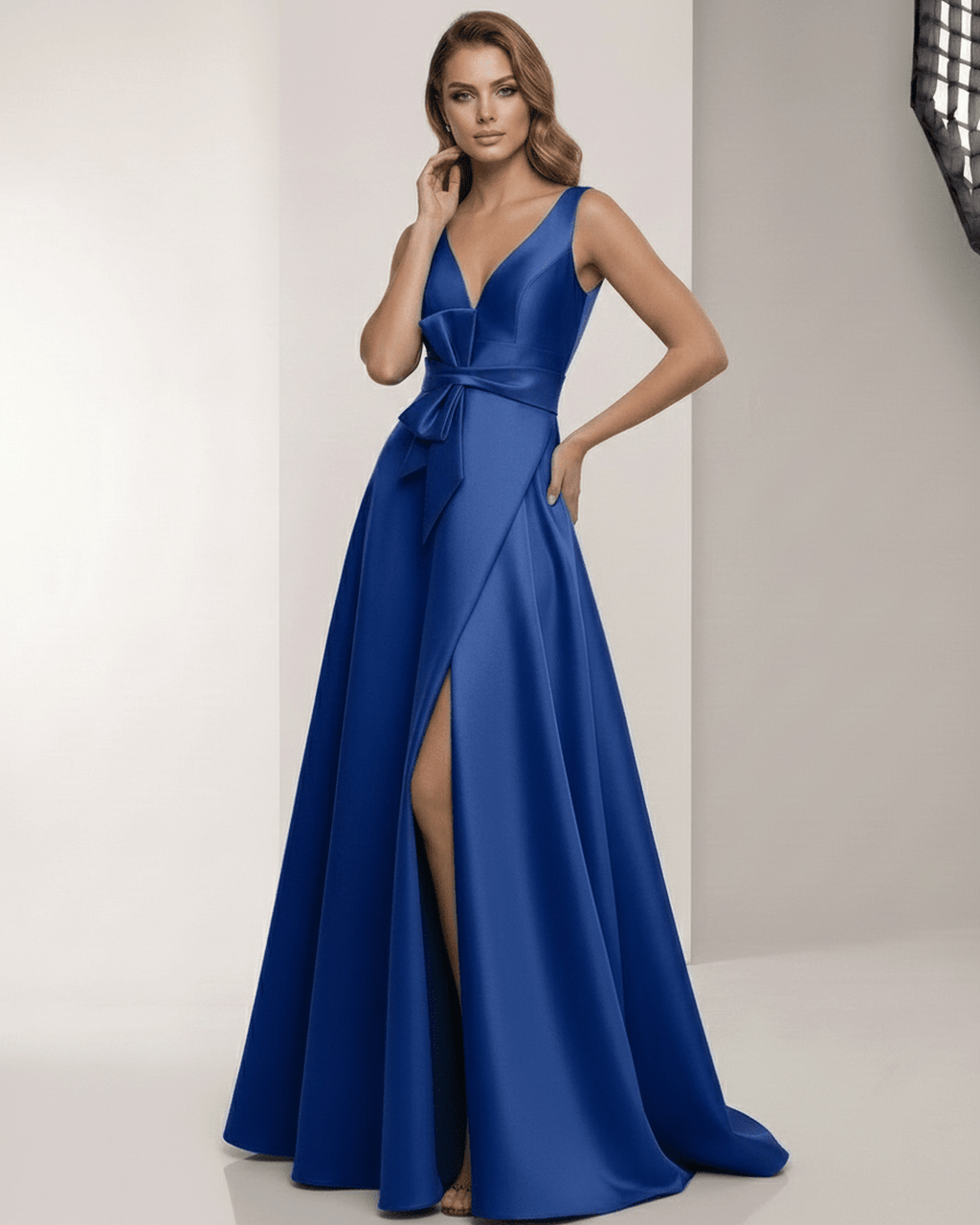 Caspia Maxi Dress - Elegant blue satin A-line dress with wrap slit, bow waist, and graceful movement by Lauven.