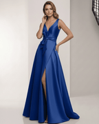 Caspia Maxi Dress - Elegant blue satin A-line dress with wrap slit, bow waist, and graceful movement by Lauven.