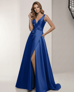 Caspia Maxi Dress - Elegant blue satin A-Line dress with wrap slit and bow waist by Lauven.