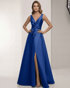 Caspia Maxi Dress - Blue satin A-line maxi dress with wrap slit, bow waist, and elegant design for a modern look by Lauven.