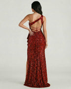Catalina Maxi Dress by Lauven – Stunning red sequin back view with one shoulder design and high slit detail.