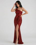 Catalina Maxi Dress by Lauven - Red Sequin One Shoulder Dress with High Slit and Sculpted Waist