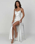 Celadon Maxi Dress by Lauven, showcasing luxe satin finish and asymmetrical slit for elegant evening wear.