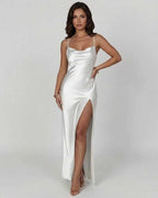 Celadon Maxi Dress by Lauven featuring luxe satin finish and asymmetrical slit for elegant evening wear.