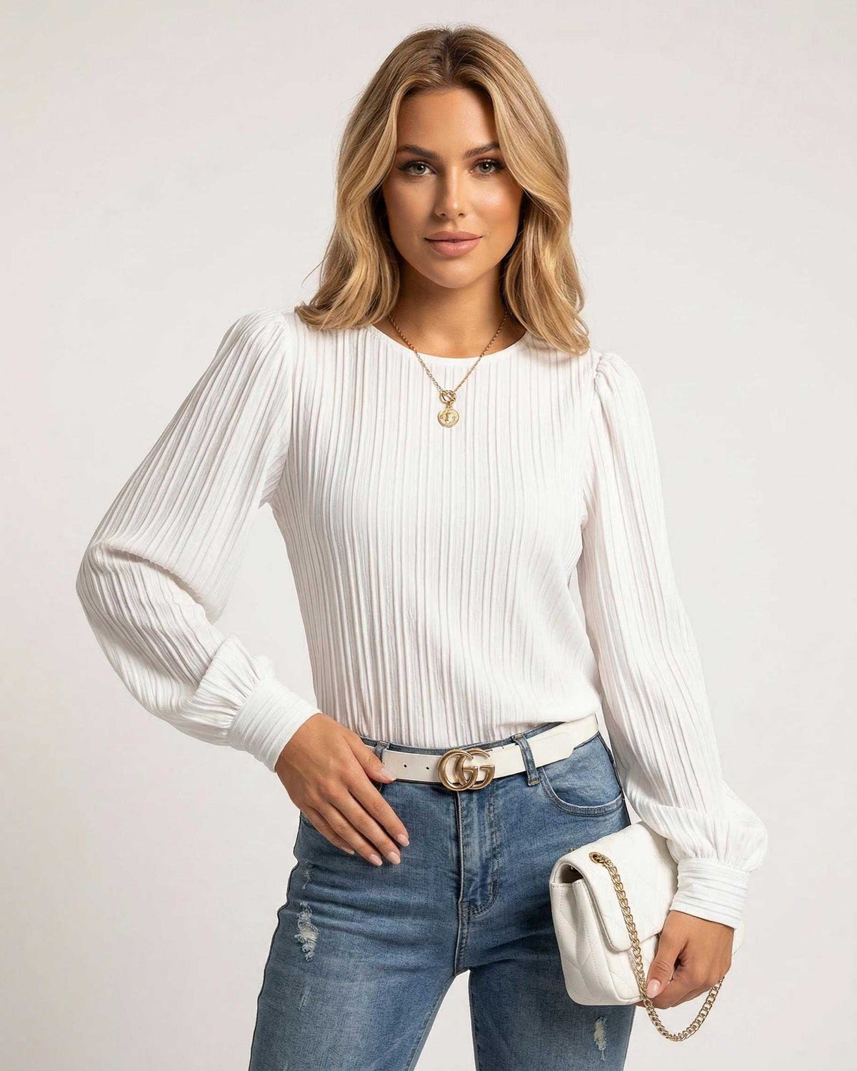 Celeste Blouse by Lauven - Elegant white pleated long sleeve top, perfect for a chic outfit.