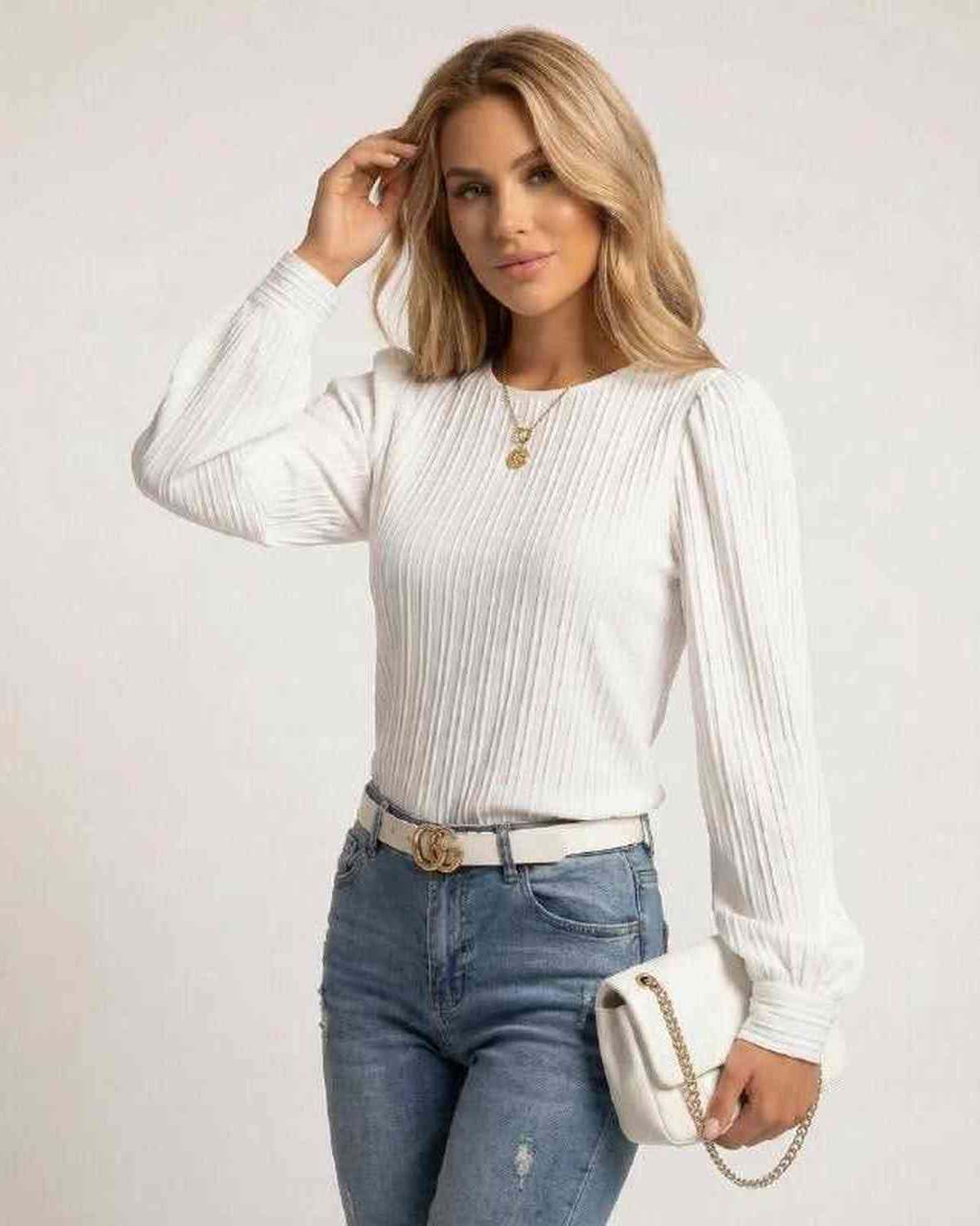 Celeste Blouse by Lauven - Elegant white pleated long sleeve top for a chic look.