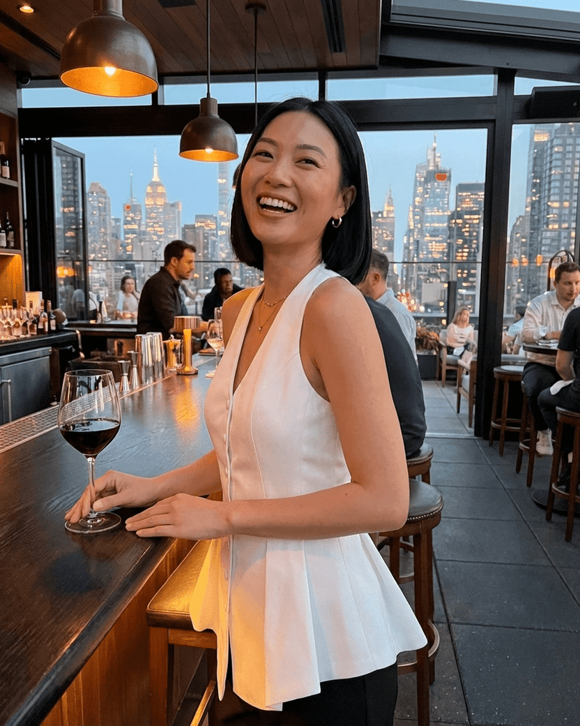 Woman wearing a Celeste Blouse by Lauven, smiling at a bar with a wine glass in hand, city skyline in the background.