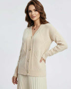 Celeste Cardigan by Lauven, elegant long-sleeve knitwear with V-neck design, perfect for stylish comfort.