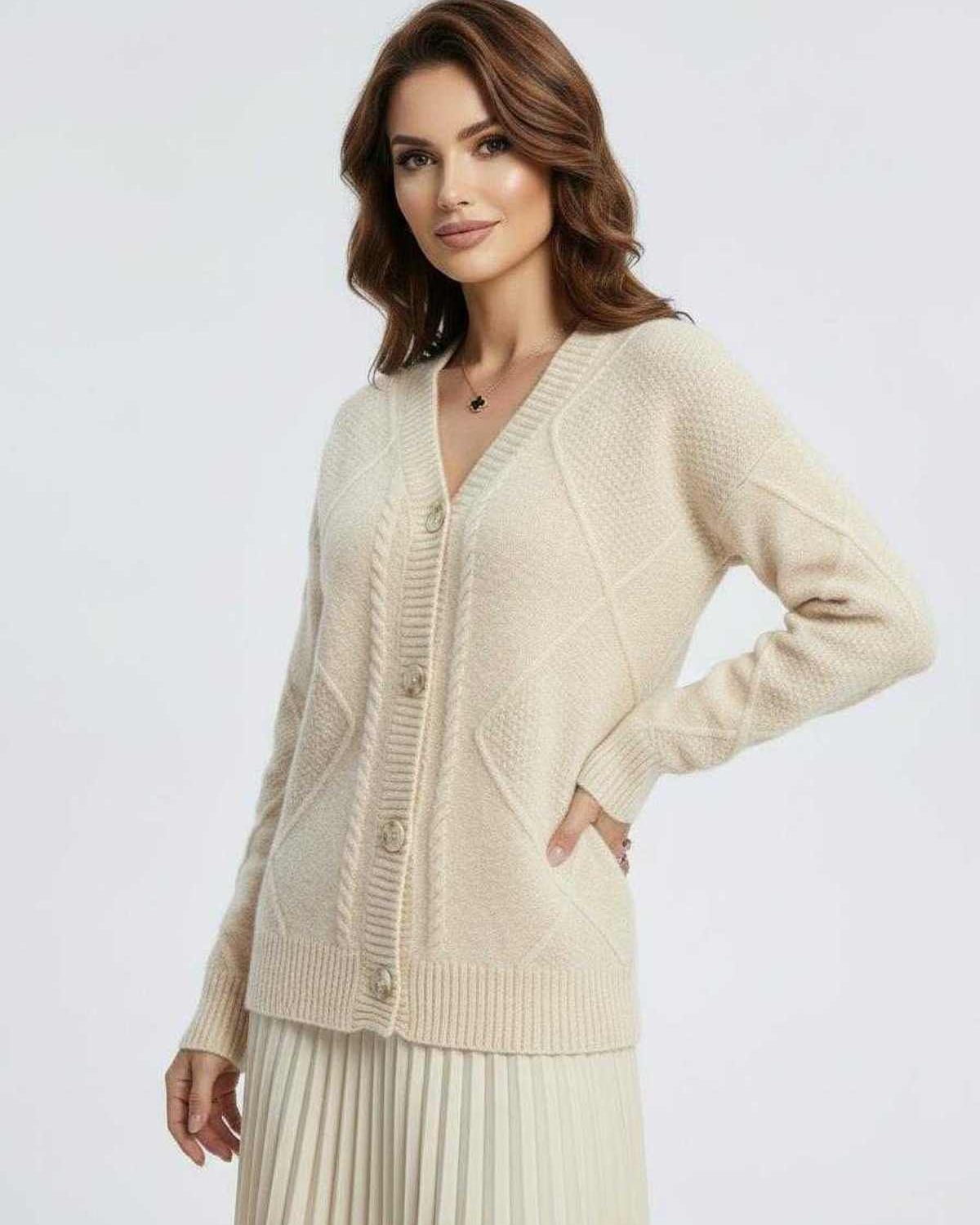 Celeste Cardigan by Lauven, elegant long-sleeve knitwear with V-neck design, perfect for stylish comfort.