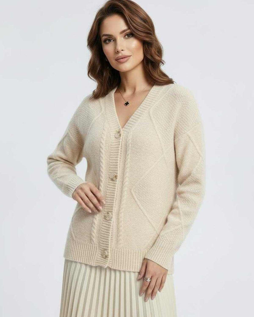 Celeste Cardigan by Lauven - Elegant long-sleeve knitwear with v-neck design, perfect for stylish comfort.