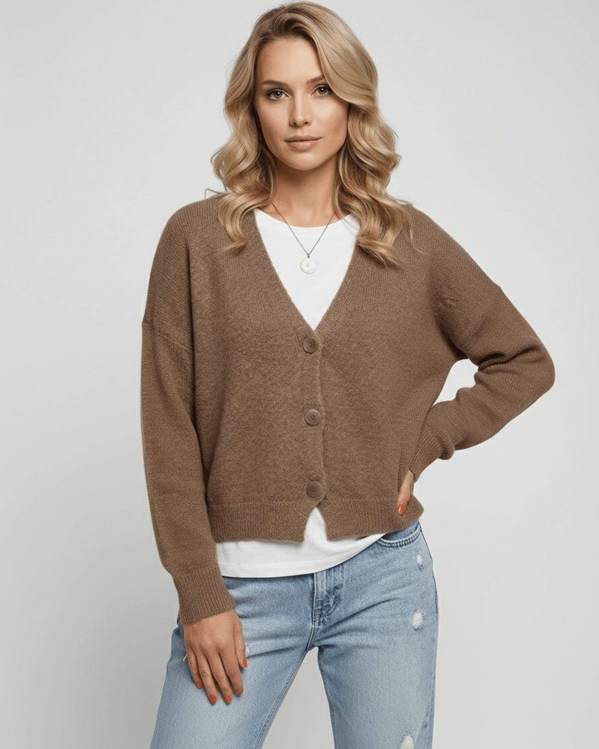 Celeste Cardigan from Lauven, soft brown knitwear featuring a relaxed fit and button details.