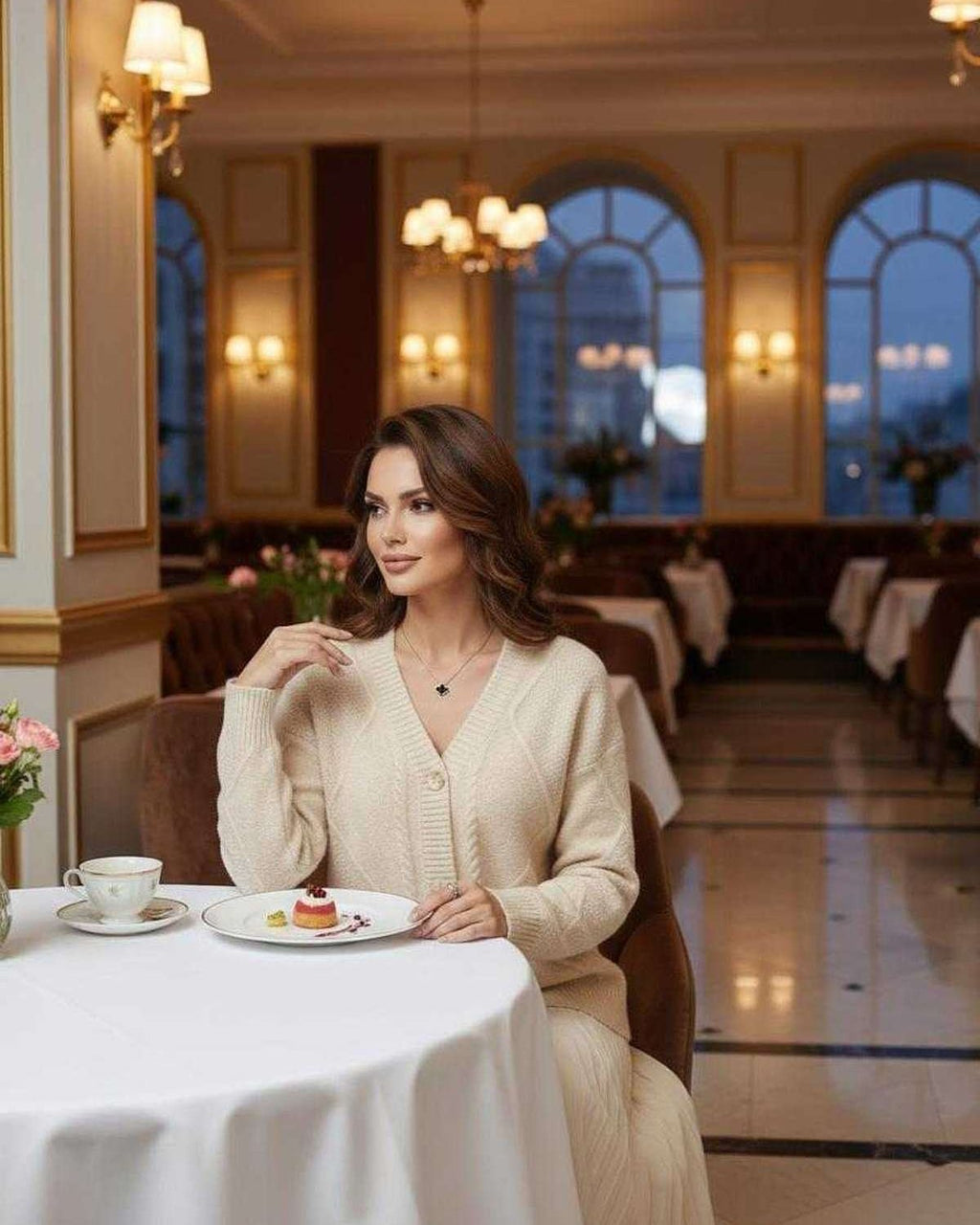 Celeste Cardigan by Lauven: Elegant long-sleeve knitwear worn in a stylish restaurant setting.