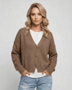 Celeste Cardigan by Lauven, soft brown knitwear, relaxed fit, perfect for fall and winter layering.