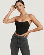 Celeste Corset Top by Lauven, showcasing structured velvet elegance with defined vertical boning in a stylish black design.