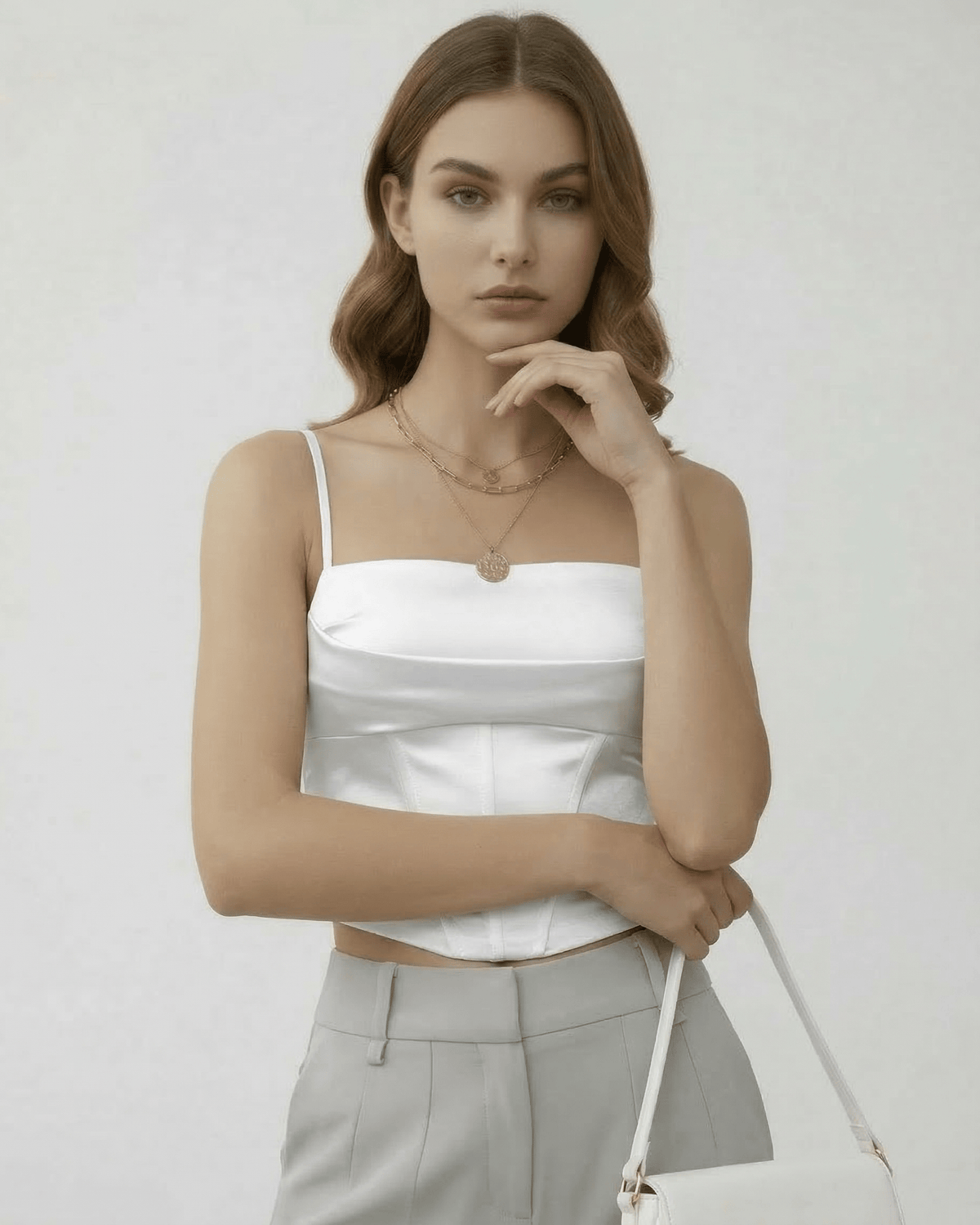Celeste Corset Top by Lauven — Elegant white satin corset top with structured silhouette, showcasing a modern design.