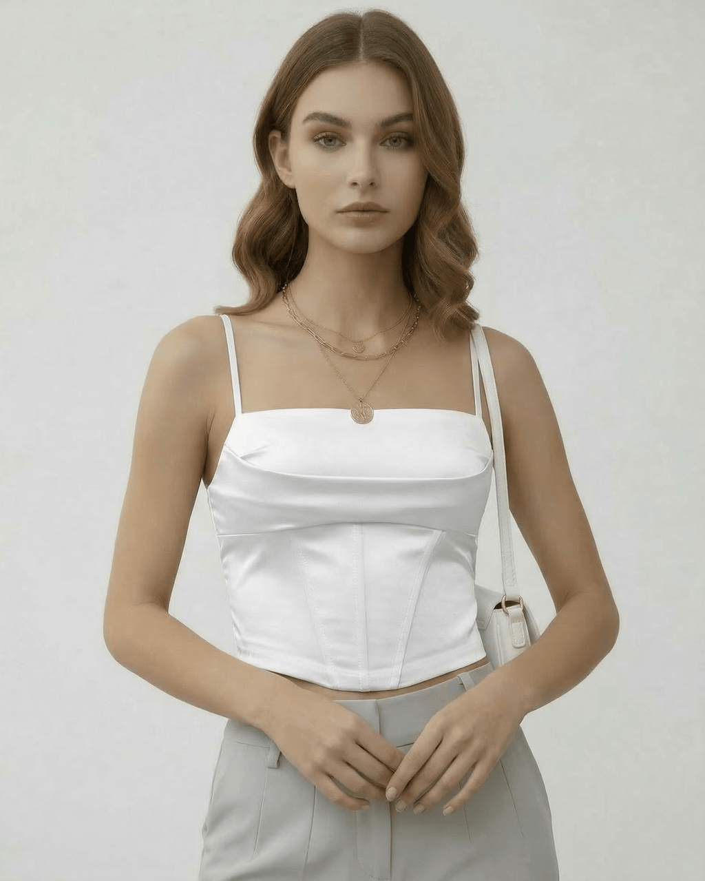 Celeste Corset Top by Lauven featuring refined white satin and structured elegance in a modern silhouette.