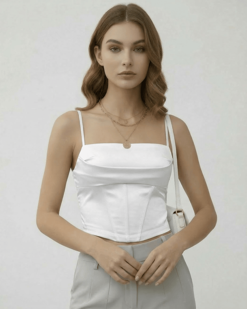 Celeste Corset Top by Lauven featuring refined white satin and structured elegance in a modern silhouette.