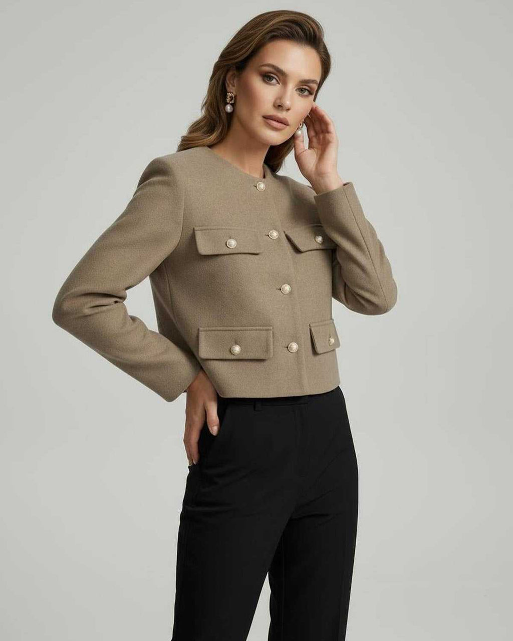Celeste Jacket by Lauven, chic structured wool blend with gold buttons, styled with elegance.