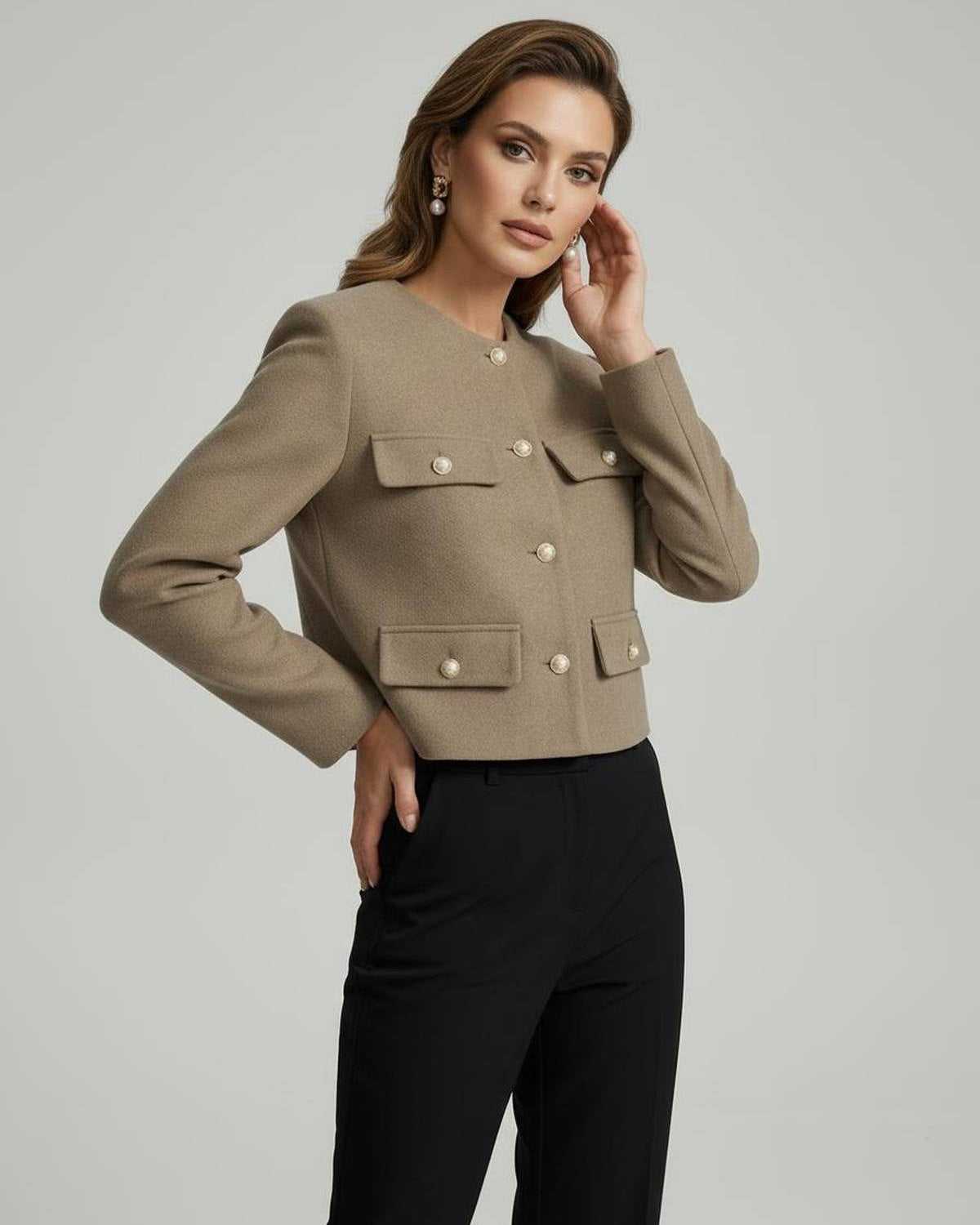 Celeste Jacket by Lauven, chic structured wool blend with gold buttons, styled with elegance.