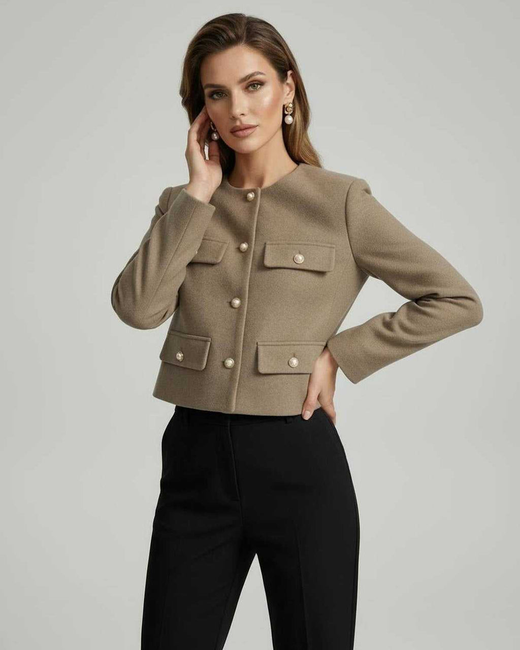 Celeste Jacket by Lauven – Chic structured wool blend jacket in elegant beige with gold-tone buttons.