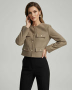 Celeste Jacket by Lauven – Chic structured wool blend jacket in elegant beige with gold-tone buttons.