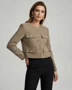 Celeste Jacket by Lauven, a chic structured wool blend jacket with gold buttons in a stylish beige tone.