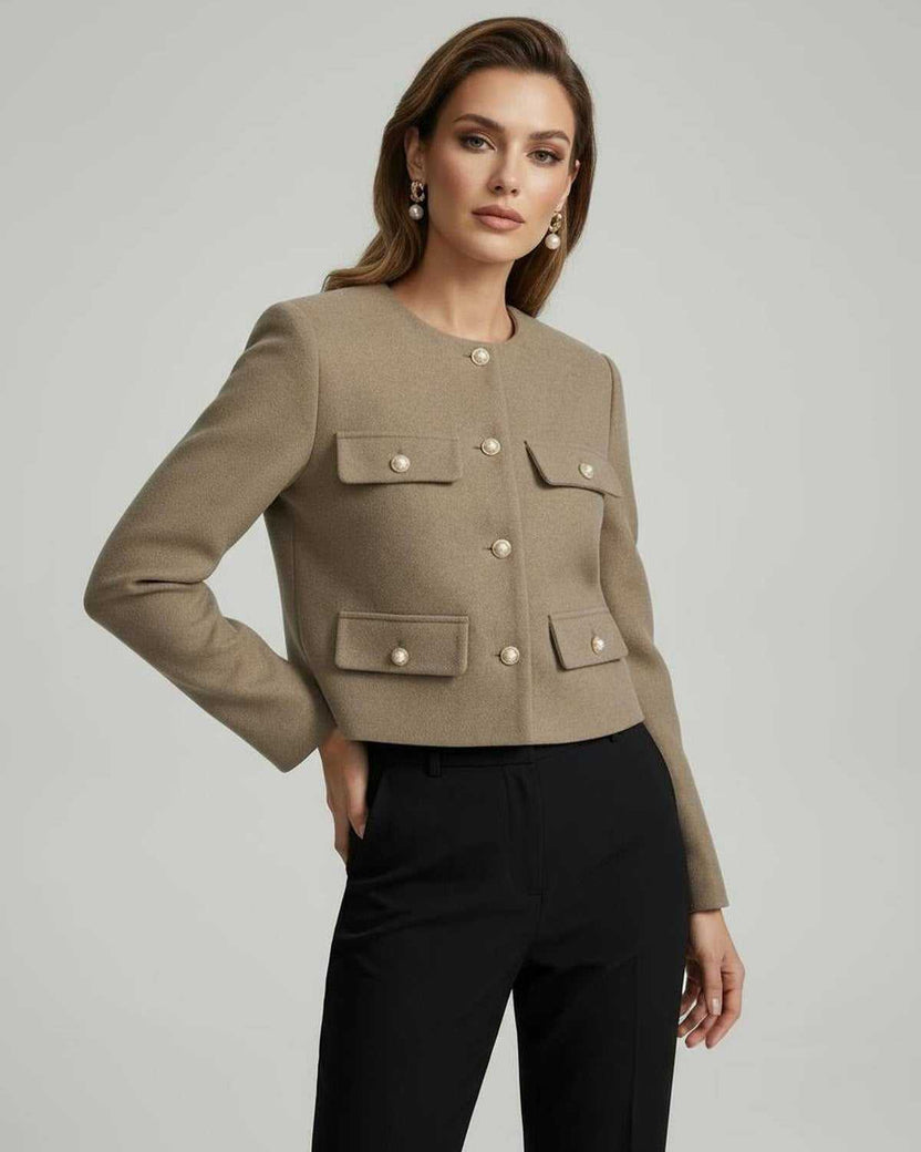 Celeste Jacket by Lauven, a chic structured wool blend jacket with gold buttons in a stylish beige tone.