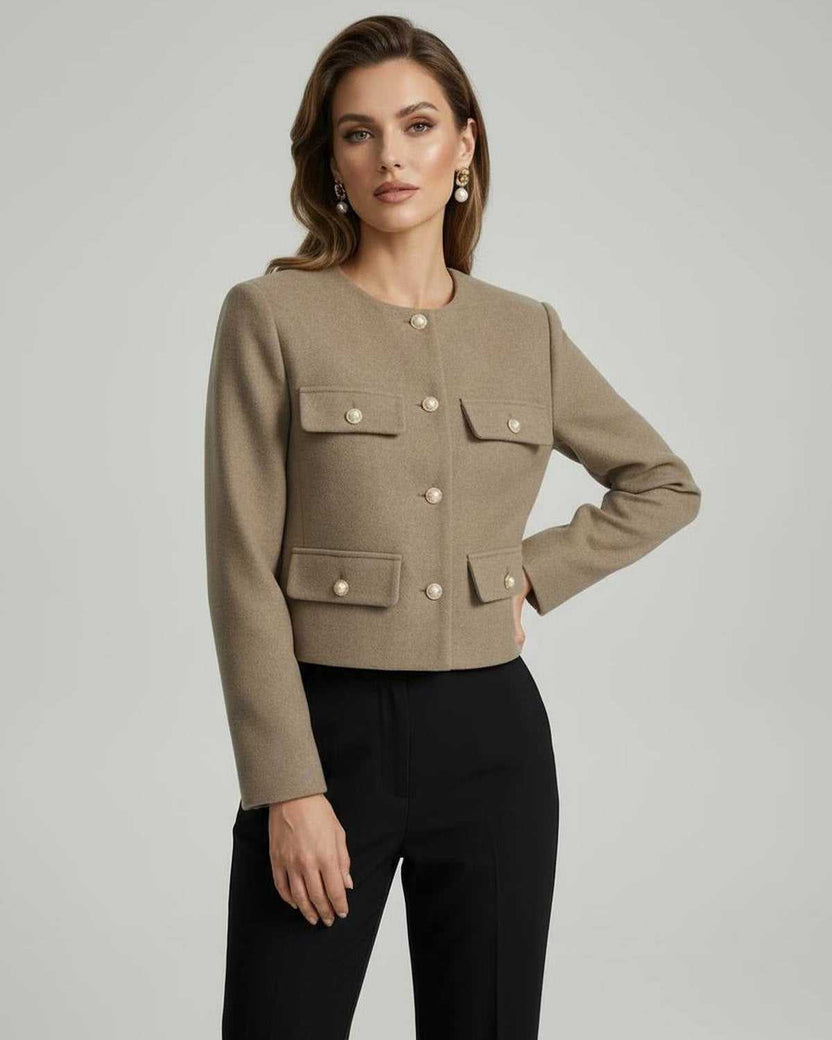 Celeste Jacket by Lauven, chic structured wool blend jacket in beige with gold buttons, perfect for stylish women's outerwear.