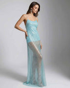 Celeste Maxi Dress by Lauven, aqua sequin dress with U-neck, strappy back, sleek silhouette, luminous design.