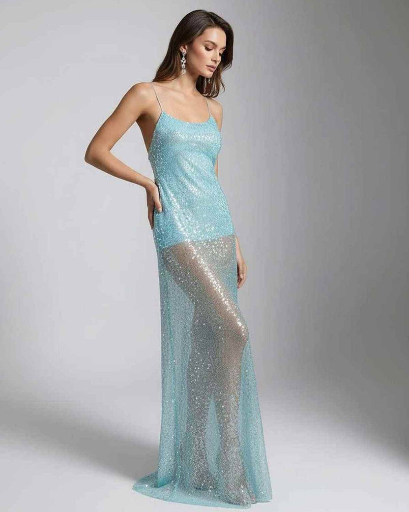 Celeste Maxi Dress by Lauven, aqua sequin dress with U-neck, strappy back, sleek silhouette, luminous design.