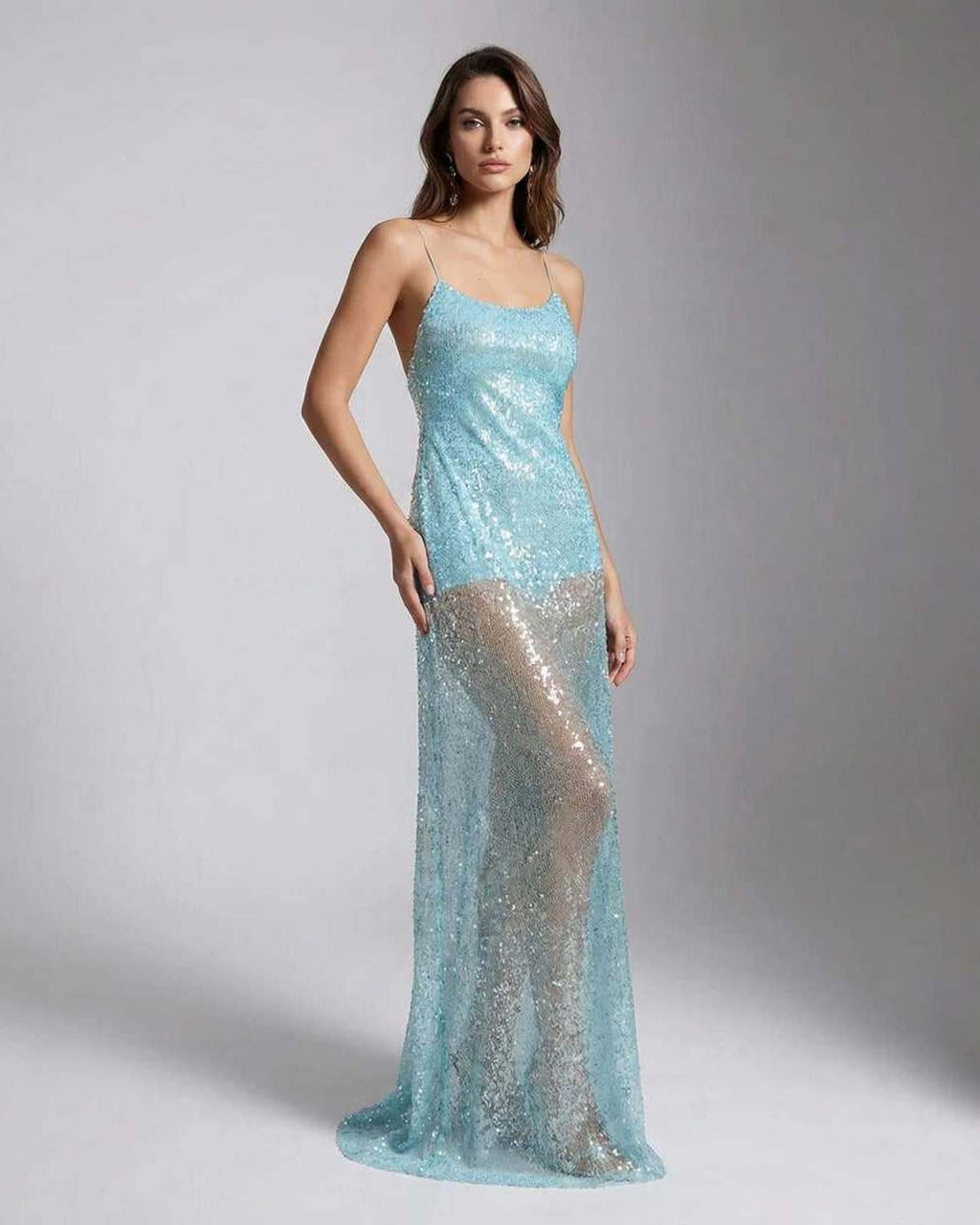 Celeste Maxi Dress by Lauven, aqua sequin maxi dress with U-neck, strappy back, and a sleek, luminous silhouette.