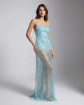 Celeste Maxi Dress by Lauven, aqua sequin maxi dress with U-neck, strappy back, and a sleek, luminous silhouette.