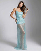 Celeste Maxi Dress by Lauven - Aqua sequin maxi dress with U-neck, strappy back, capturing light for a refined presence.