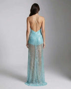 Celeste Maxi Dress - Aqua sequin back view showcasing U-neck and strappy design by Lauven, elegant and luminous.
