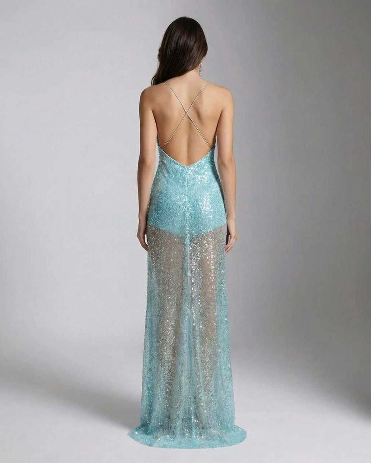 Celeste Maxi Dress - Aqua sequin back view showcasing U-neck and strappy design by Lauven, elegant and luminous.