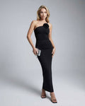 Celeste Maxi Dress by Lauven featuring a sleek black evening gown with asymmetrical neckline and elegant appliques.